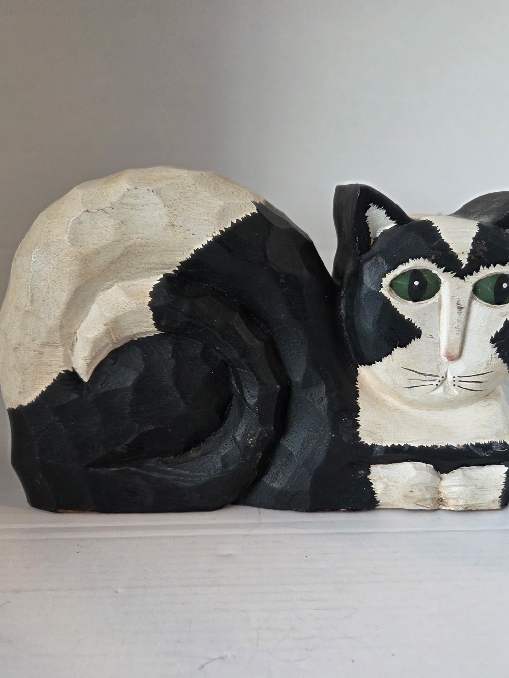 Hard Carved Hand Painted Folk Art Black And White Cat
